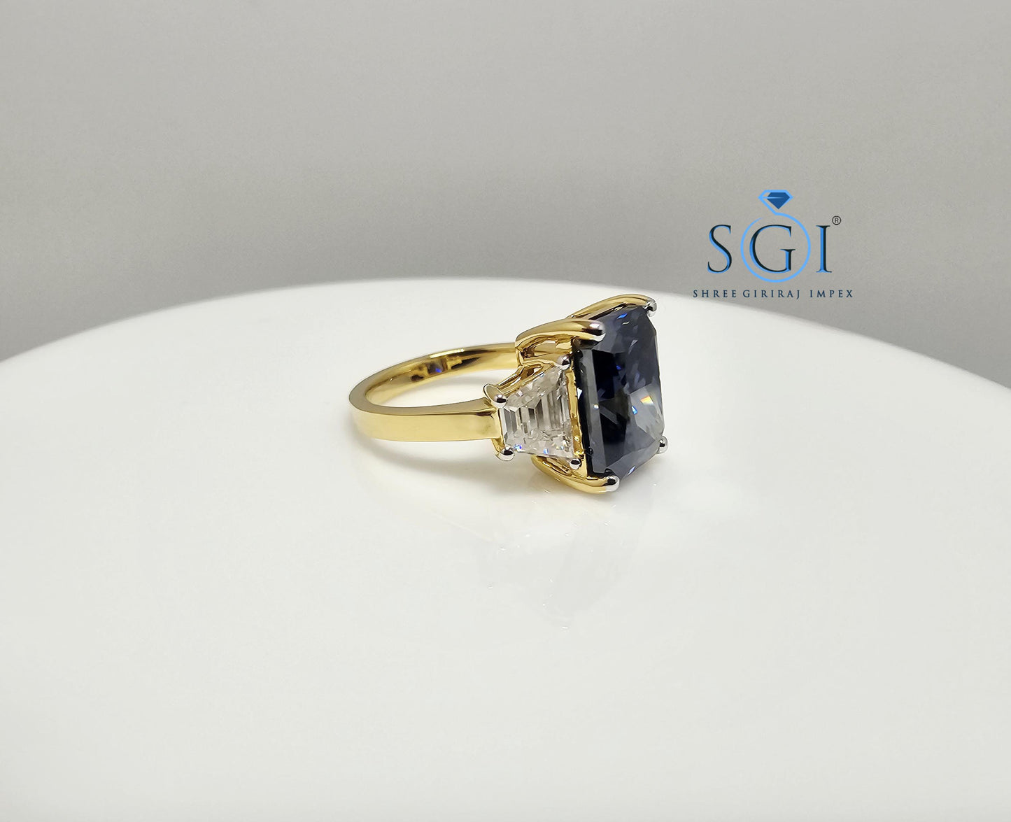 18K Gold Three Stone Ring: 4.52ct Royal Blue Moissanite Engagement Jewelry