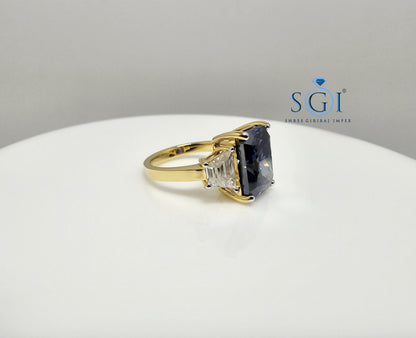 18K Gold Three Stone Ring: 4.52ct Royal Blue Moissanite Engagement Jewelry
