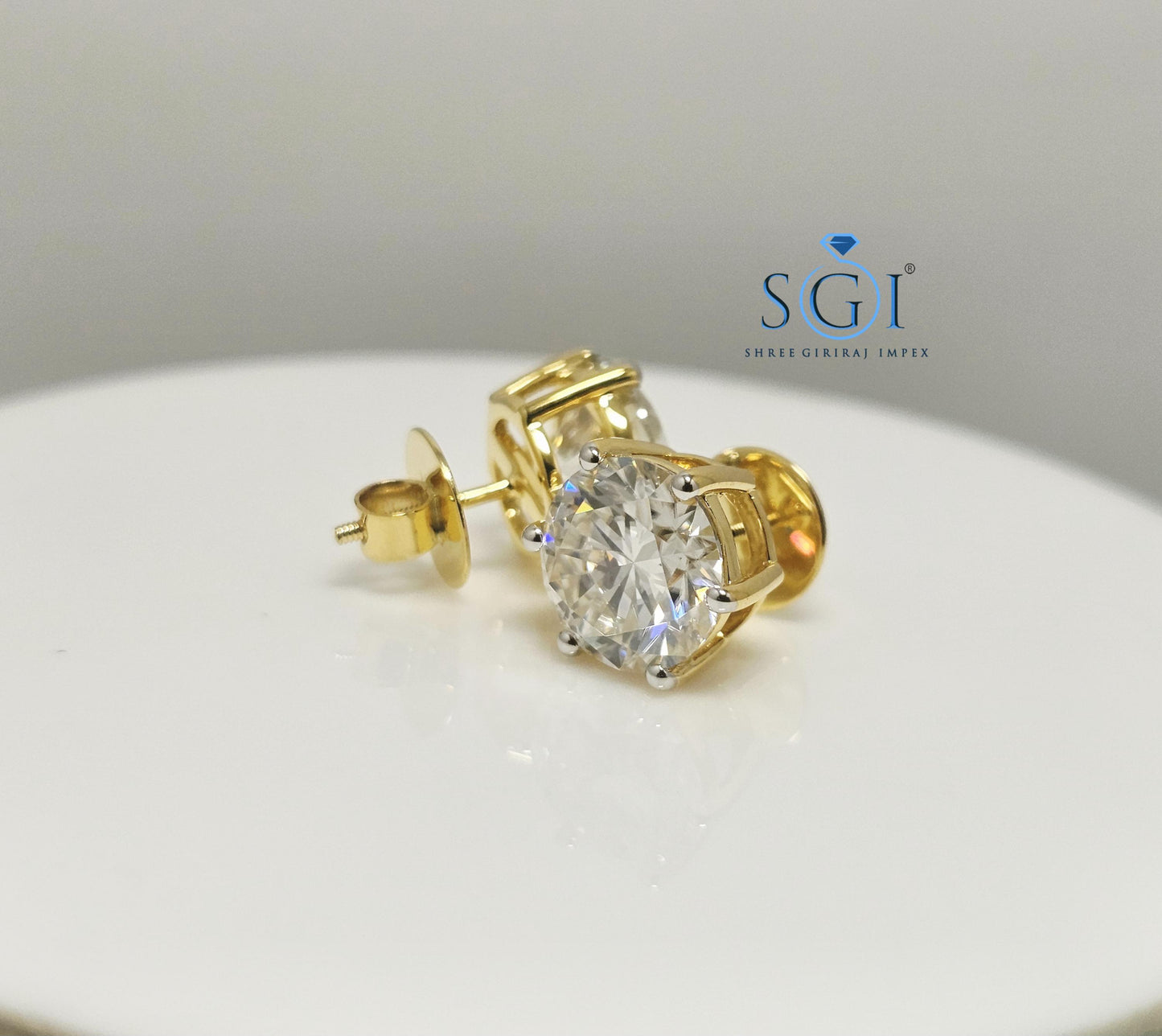 Yellow Gold 11mm Round Moissanite Earrings — 5 Carat Each Solitaire D VVS1