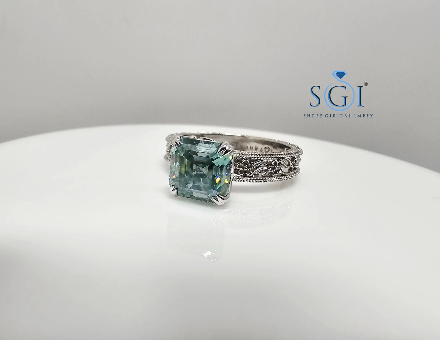 Aqua Blue Moissanite Ring: Vintage Sterling Silver Engagement Jewelry