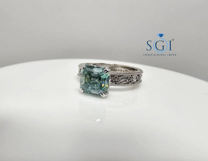 Aqua Blue Moissanite Ring: Vintage Sterling Silver Engagement Jewelry