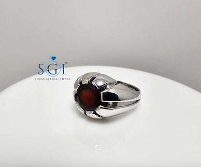 Handmade Men’s Sterling Silver Ring – 11mm Natural Hessonite Garnet, Portuguese Cut