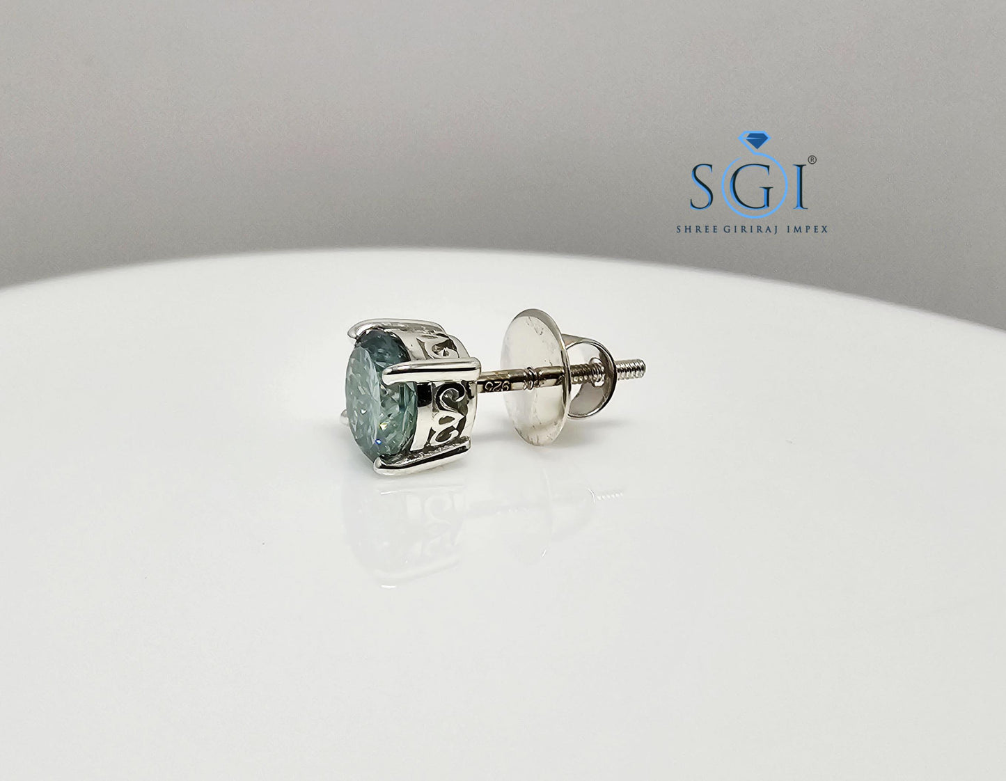 Blue Moissanite Solitaire Stud – Men’s White Gold 6.5mm Earring
