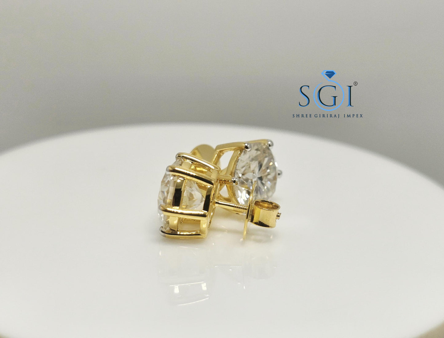 Yellow Gold 11mm Round Moissanite Earrings — 5 Carat Each Solitaire D VVS1