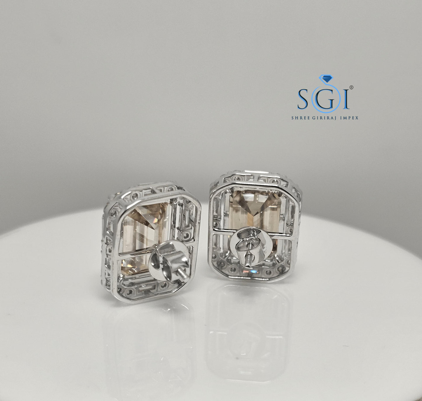 Fancy Yellow Emerald Shape Moissanite Diamond Earrings with White Accent Stones – 25ctw