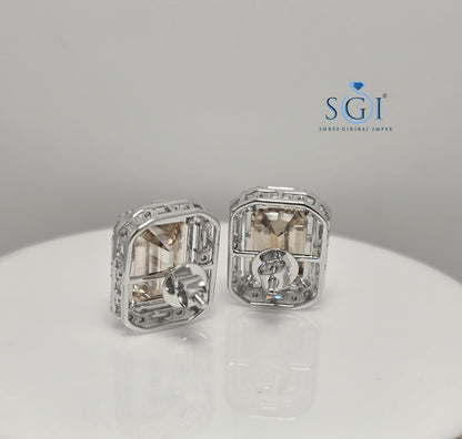 Fancy Yellow Emerald Shape Moissanite Diamond Earrings with White Accent Stones – 25ctw