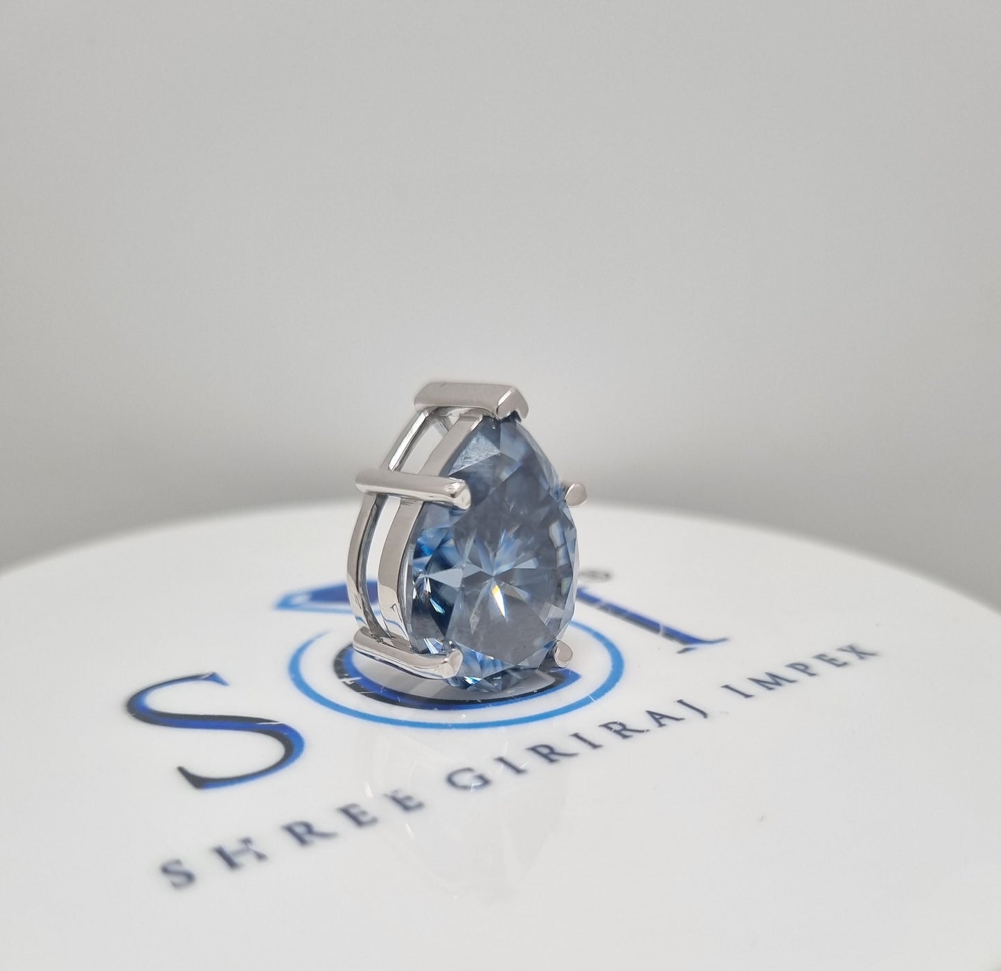 18.5ct Pear Royal Blue Moissanite Pendant: White Gold Bridal Necklace