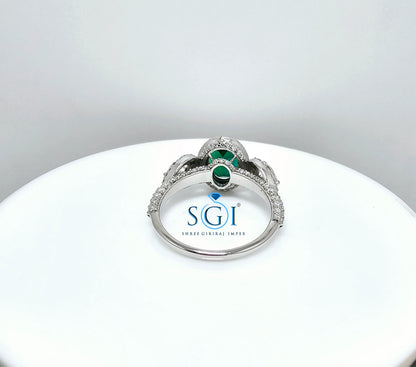 Lab Emerald Halo Ring: Moissanite Accents, Gold or Silver Engagement