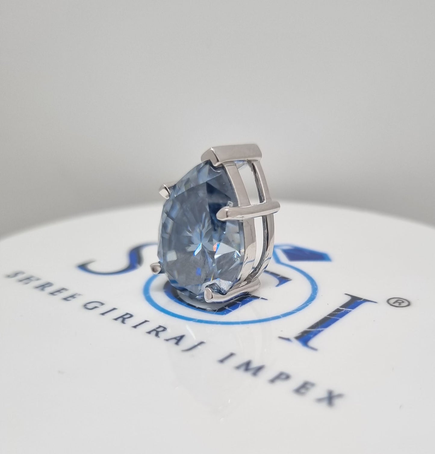 18.5ct Pear Royal Blue Moissanite Pendant: White Gold Bridal Necklace