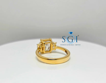 Elegant Emerald Cut Moissanite Engagement Ring – 3-Stone Yellow Gold Setting