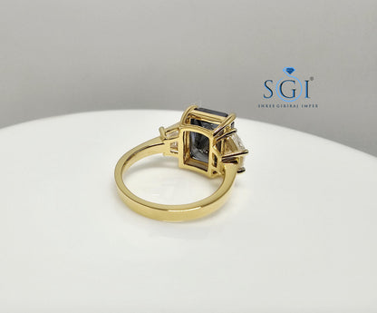 18K Gold Three Stone Ring: 4.52ct Royal Blue Moissanite Engagement Jewelry
