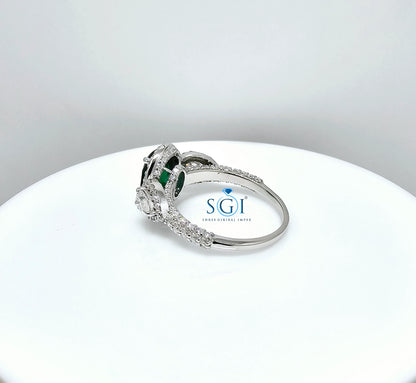 Lab Emerald Halo Ring: Moissanite Accents, Gold or Silver Engagement