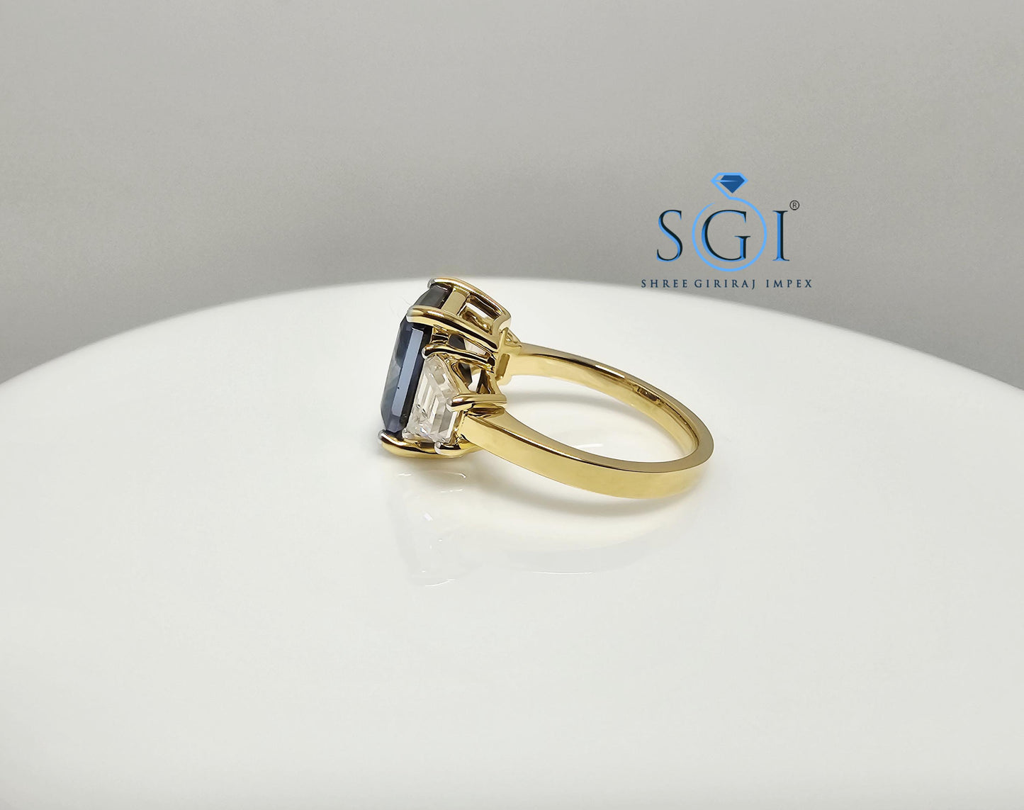 18K Gold Three Stone Ring: 4.52ct Royal Blue Moissanite Engagement Jewelry