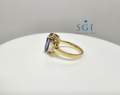 18K Gold Three Stone Ring: 4.52ct Royal Blue Moissanite Engagement Jewelry