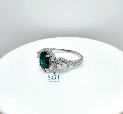 Lab Emerald Halo Ring: Moissanite Accents, Gold or Silver Engagement