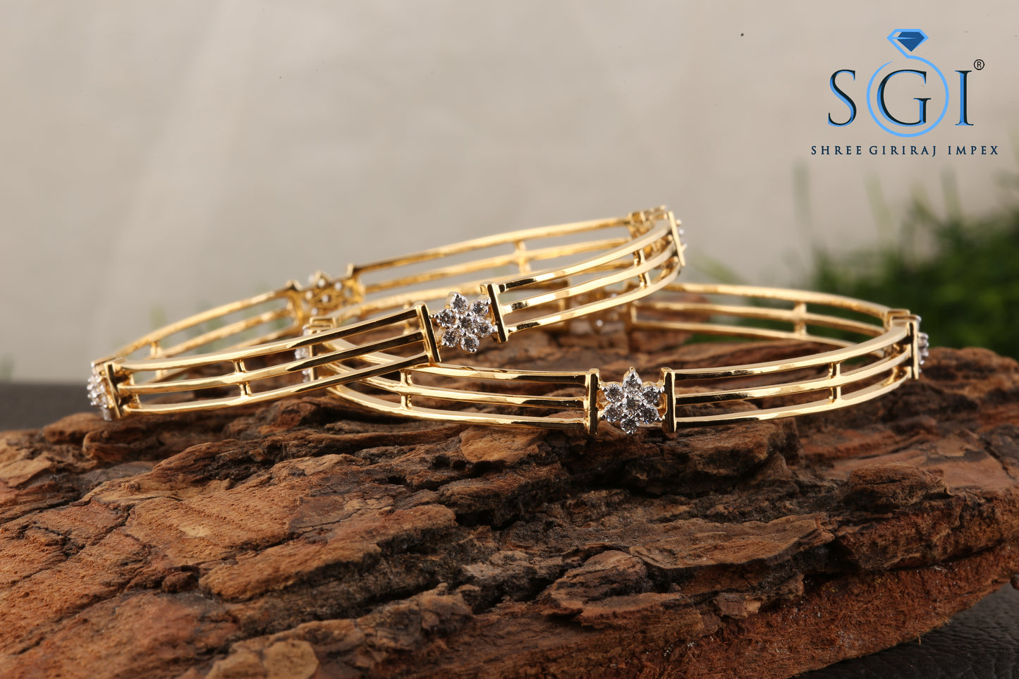 3.5Ctw EF VVS VS Lab grown Diamond Set of 2 Bangles, Set Of 2 Gold  Sparkling  Diamond Bangle, Flower Shape Diamond Bangles, Three Layer SOLID Gold  Women Bangles