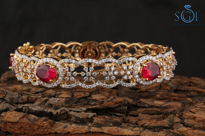 White D VVS1 Moissanite Diamond Round And Oval Shape Synthetic Pink Fancy Ruby Bangle Set, Unique  Designer Ladies Bangle, Yellow Gold Ruby Bangles , Bridal Indian Bangles  For Womens