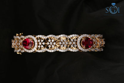 White D VVS1 Moissanite Diamond Round And Oval Shape Synthetic Pink Fancy Ruby Bangle Set, Unique  Designer Ladies Bangle, Yellow Gold Ruby Bangles , Bridal Indian Bangles  For Womens
