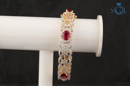 White D VVS1 Moissanite Diamond Round And Oval Shape Synthetic Pink Fancy Ruby Bangle Set, Unique  Designer Ladies Bangle, Yellow Gold Ruby Bangles , Bridal Indian Bangles  For Womens