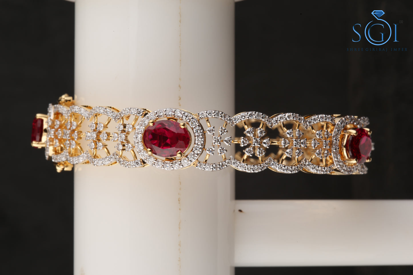 White D VVS1 Moissanite Diamond Round And Oval Shape Synthetic Pink Fancy Ruby Bangle Set, Unique  Designer Ladies Bangle, Yellow Gold Ruby Bangles , Bridal Indian Bangles  For Womens