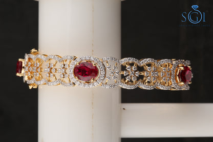 White D VVS1 Moissanite Diamond Round And Oval Shape Synthetic Pink Fancy Ruby Bangle Set, Unique  Designer Ladies Bangle, Yellow Gold Ruby Bangles , Bridal Indian Bangles  For Womens