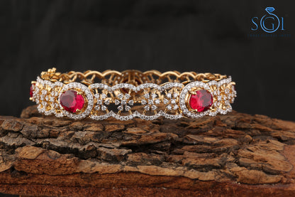 White D VVS1 Moissanite Diamond Round And Oval Shape Synthetic Pink Fancy Ruby Bangle Set, Unique  Designer Ladies Bangle, Yellow Gold Ruby Bangles , Bridal Indian Bangles  For Womens