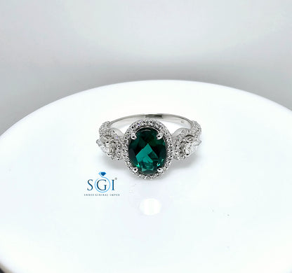Lab Emerald Halo Ring: Moissanite Accents, Gold or Silver Engagement