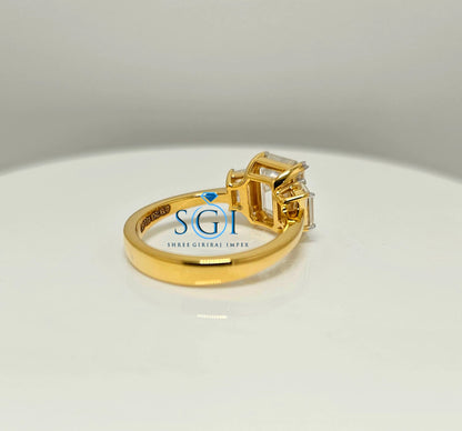 Elegant Emerald Cut Moissanite Engagement Ring – 3-Stone Yellow Gold Setting