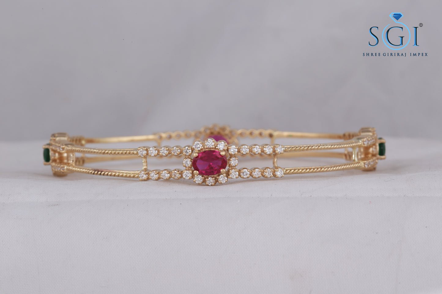 2.4mm Moissanite Diamond Round And Oval Shape Synthetic Pink And Green Stone Studded 2 Bangles Set, 14K Gold Plated Womens Bangles , Traditional Indian, Wedding Bangles, Bracelet Set, Kadas, Mix n Match