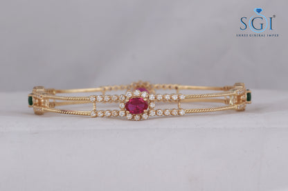 2.4mm Moissanite Diamond Round And Oval Shape Synthetic Pink And Green Stone Studded 2 Bangles Set, 14K Gold Plated Womens Bangles , Traditional Indian, Wedding Bangles, Bracelet Set, Kadas, Mix n Match