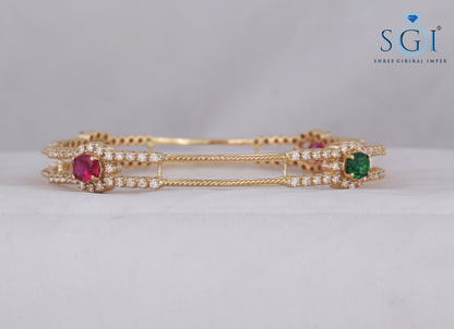 2.4mm Moissanite Diamond Round And Oval Shape Synthetic Pink And Green Stone Studded 2 Bangles Set, 14K Gold Plated Womens Bangles , Traditional Indian, Wedding Bangles, Bracelet Set, Kadas, Mix n Match