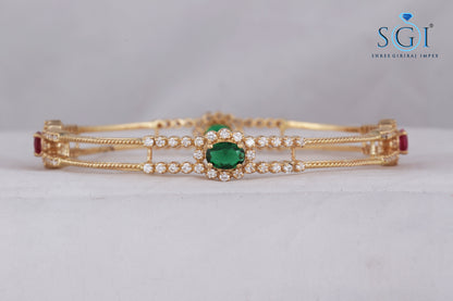 2.4mm Moissanite Diamond Round And Oval Shape Synthetic Pink And Green Stone Studded 2 Bangles Set, 14K Gold Plated Womens Bangles , Traditional Indian, Wedding Bangles, Bracelet Set, Kadas, Mix n Match