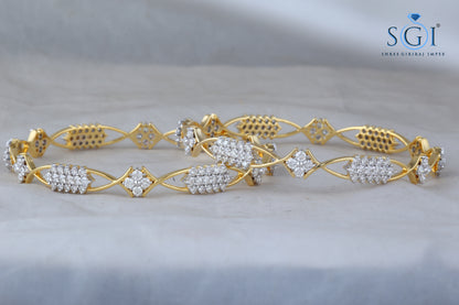 14ctw Round Cut Moissanite Diamond Bangles, Diamond -Studded Bangles Set Of 2, Indian Wedding Bridal Gold Bangle Set Online, 18K Gold Plated Diamond Bangle Set For Women,Gift For Her