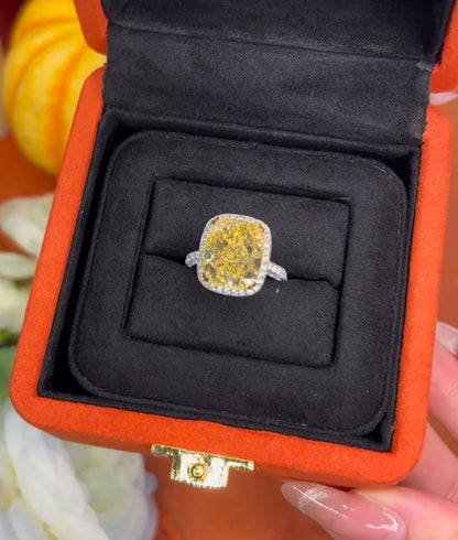 9*11 Fancy Yellow Cushion & Round White Lab grown  diamond Engagement Ring with 14k White Gold