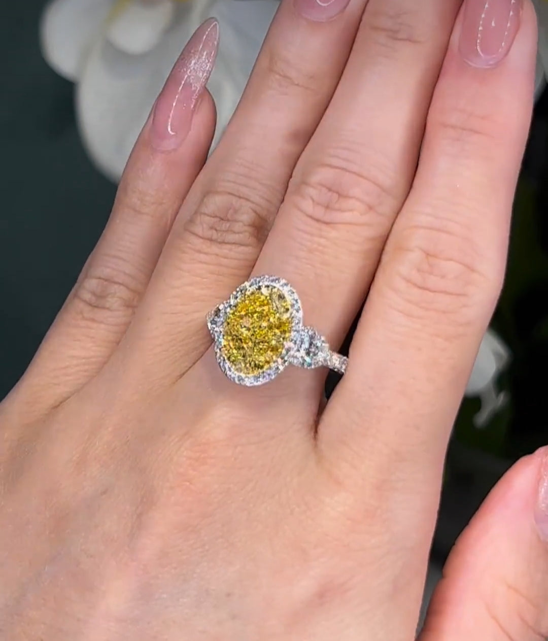 4.5ctw oval shape fancy yellow & White Lab Grown Diamond Engagement Ring with 14k White Gold