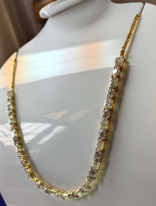 18 k Yellow Gold Solitaire Moissanite Diamond Necklace With 6*8 Radiant & 6mm Round Shape Moissanite Diamond