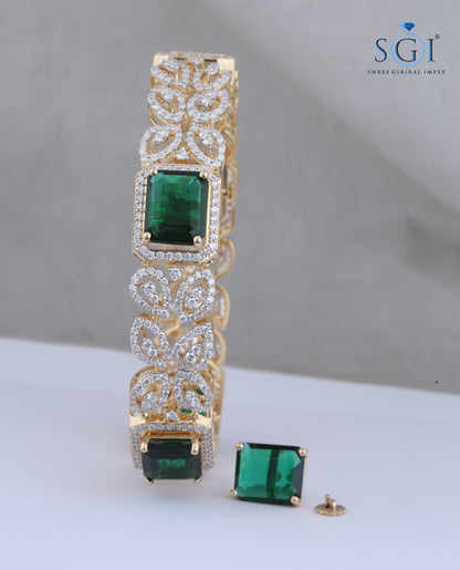 60ctw Green Lab Grown Emerald And Round Cut Moissanite Diamond Bangles, Emerald Green Yellow Gold Bangles, Bollywood Jewelry,Diamond jewelry, Fancy Bangles For Women, Wedding Bangle Collection