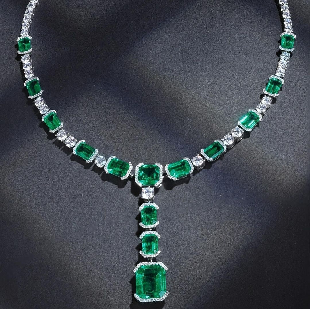 52ctw Round White Moissanite and Lab Grown Emerald Luxurios Necklace With 18k White Gold