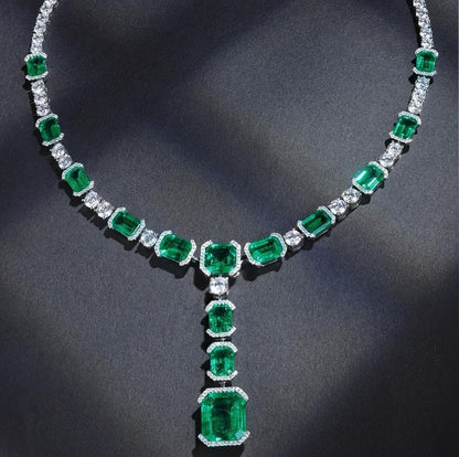 52ctw Round White Moissanite and Lab Grown Emerald Luxurios Necklace With 18k White Gold