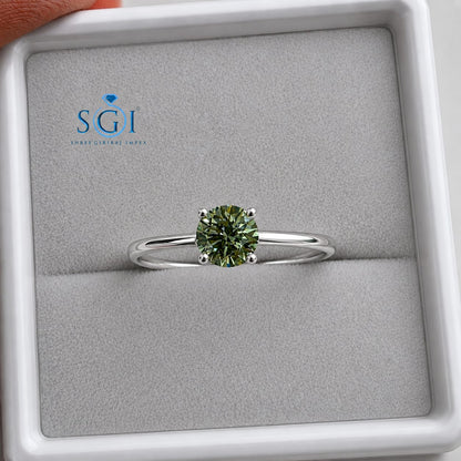 4 CT 8mm Round Olive Green Lab Grown Diamond Ring / Brilliant Cut Green Diamond Ring for Wholesale