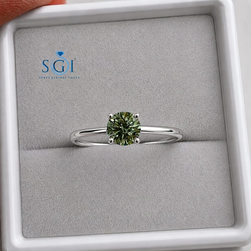 4 CT 8mm Round Olive Green Lab Grown Diamond Ring / Brilliant Cut Green Diamond Ring for Wholesale
