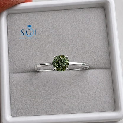 4 CT 8mm Round Olive Green Lab Grown Diamond Ring / Brilliant Cut Green Diamond Ring for Wholesale