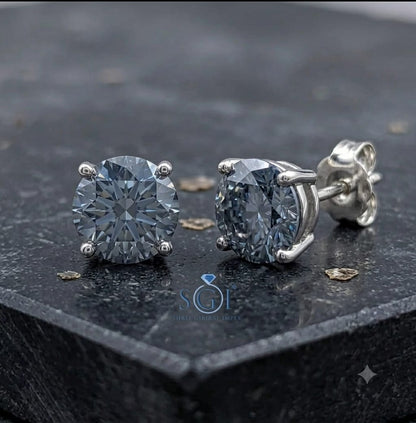 **5 CTW Blue Moissanite Diamond Stud Earrings | 8mm Round 2.5 CT Each Blue Lab Created Diamond Earrings**