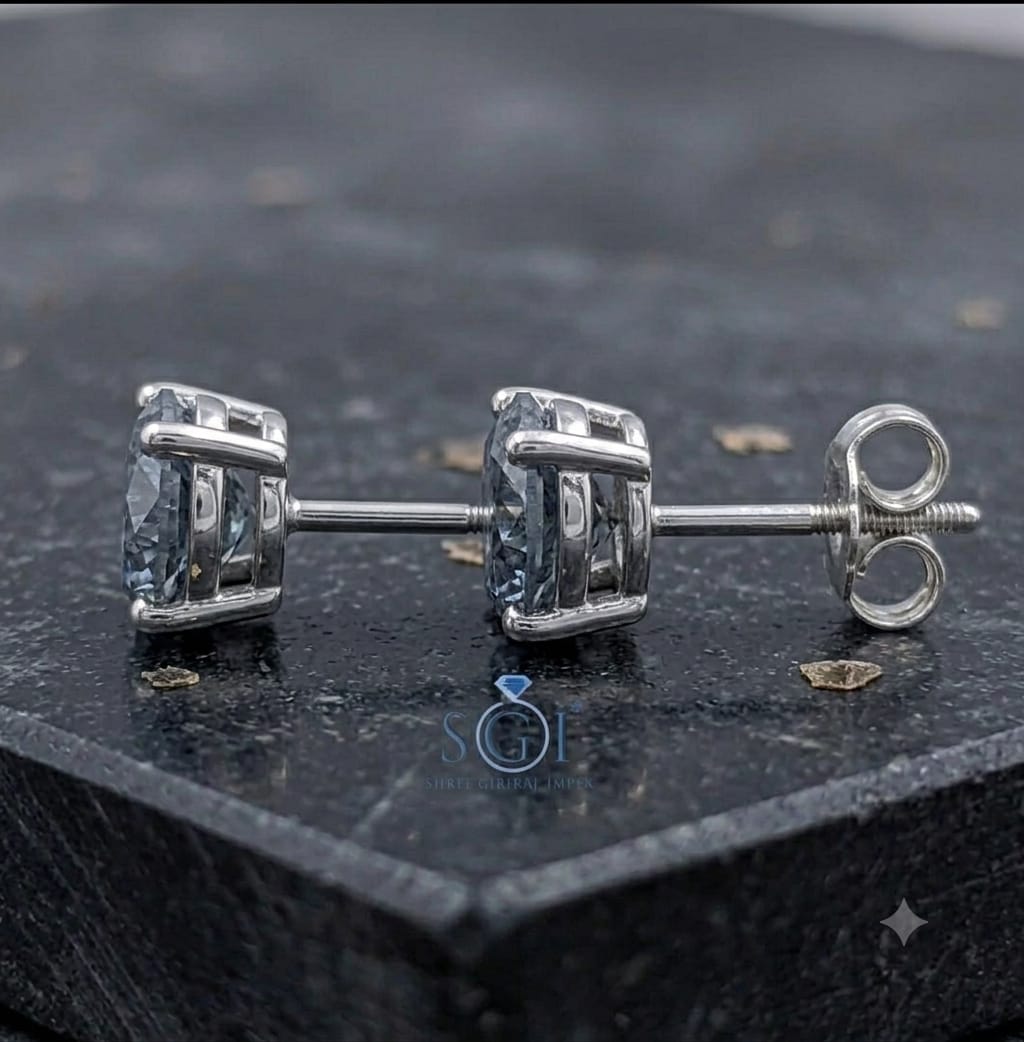 **5 CTW Blue Moissanite Diamond Stud Earrings | 8mm Round 2.5 CT Each Blue Lab Created Diamond Earrings**