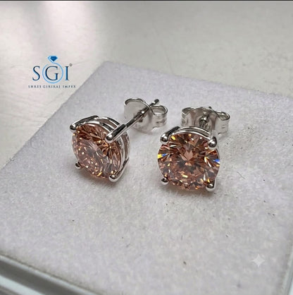 **5 CTW Fancy Pink CVD Lab Grown Diamond Stud Earrings | 8mm Round 2.5 CT Each VS1 Pink Lab Created Diamond Earrings**