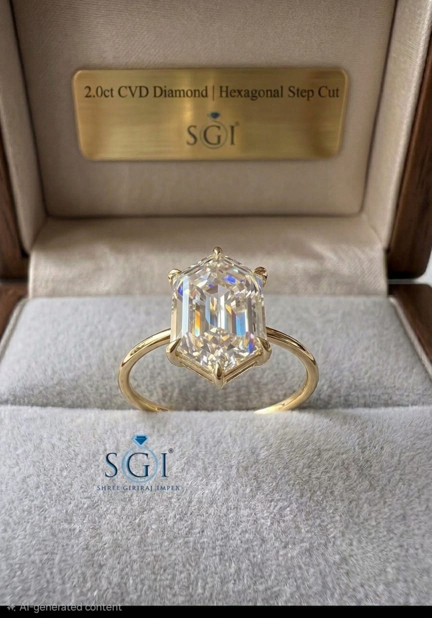 **2 CT Hexagon CVD Lab Grown Diamond Engagement Ring | G Color VS1 | Gold Lab Created Diamond Ring**
