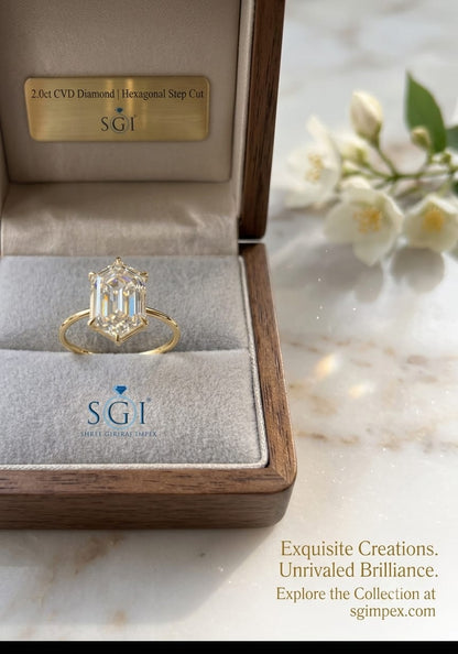 **2 CT Hexagon CVD Lab Grown Diamond Engagement Ring | G Color VS1 | Gold Lab Created Diamond Ring**