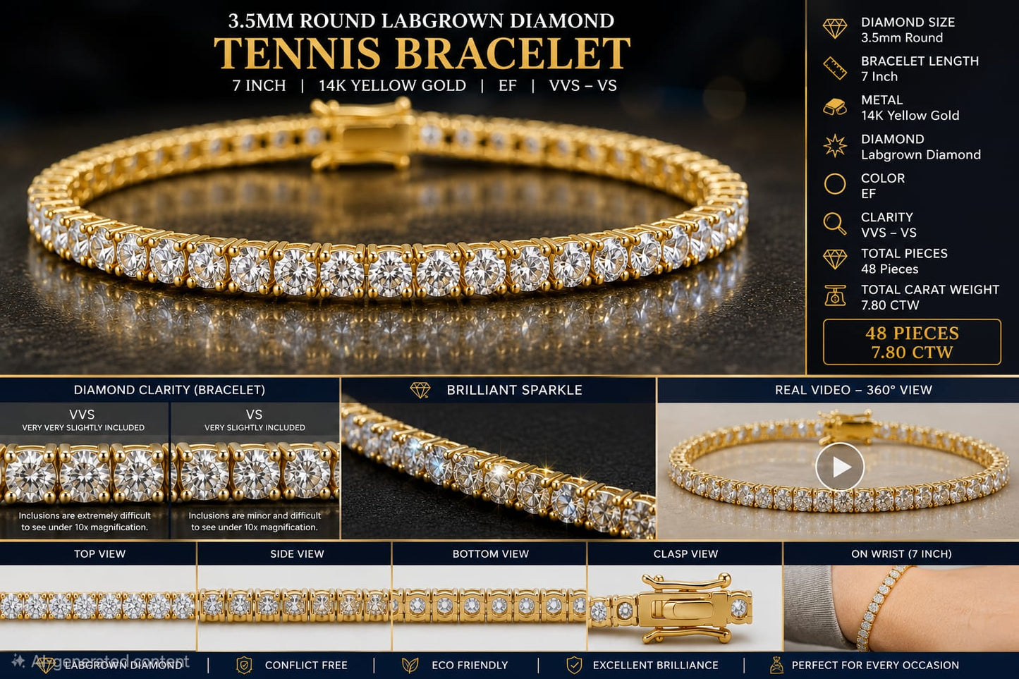 7.80 CTW Lab Grown Diamond Tennis Bracelet 14K Yellow Gold 7 Inch 48 Round Diamonds 3.5mm EF VVS-VS Clarity