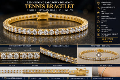 7.80 CTW Lab Grown Diamond Tennis Bracelet 14K Yellow Gold 7 Inch 48 Round Diamonds 3.5mm EF VVS-VS Clarity