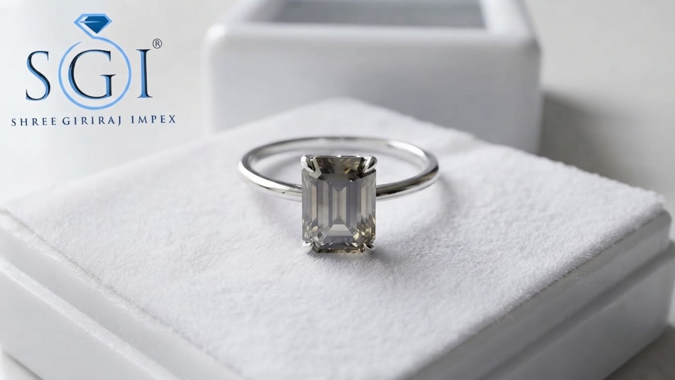 2.50 Carat Grey Emerald Cut Moissanite Ring 9x7mm / Lab Created Moissanite Ring